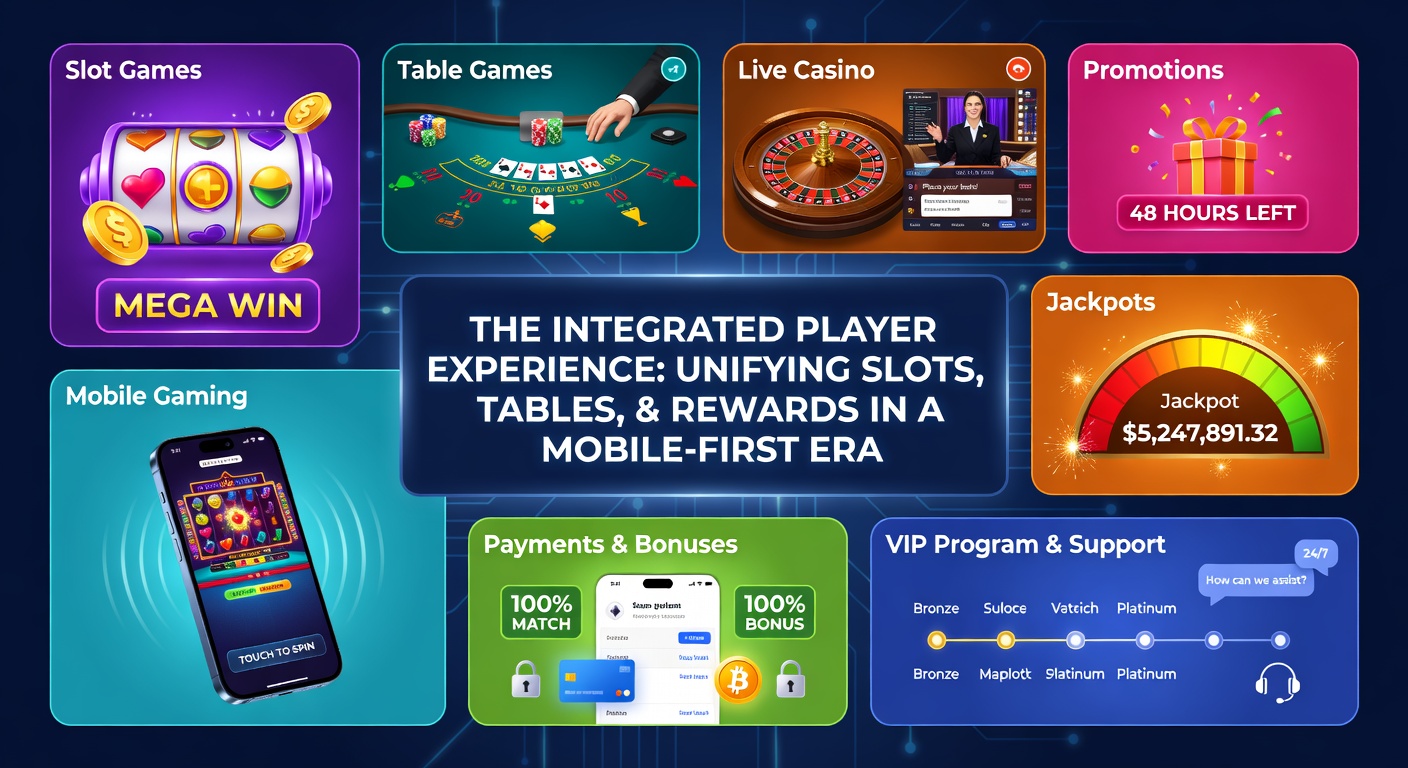 Vibrant online casino interface showcasing slot reels, live dealer tables, and mobile jackpot notifications blending into a unified gaming dashboard