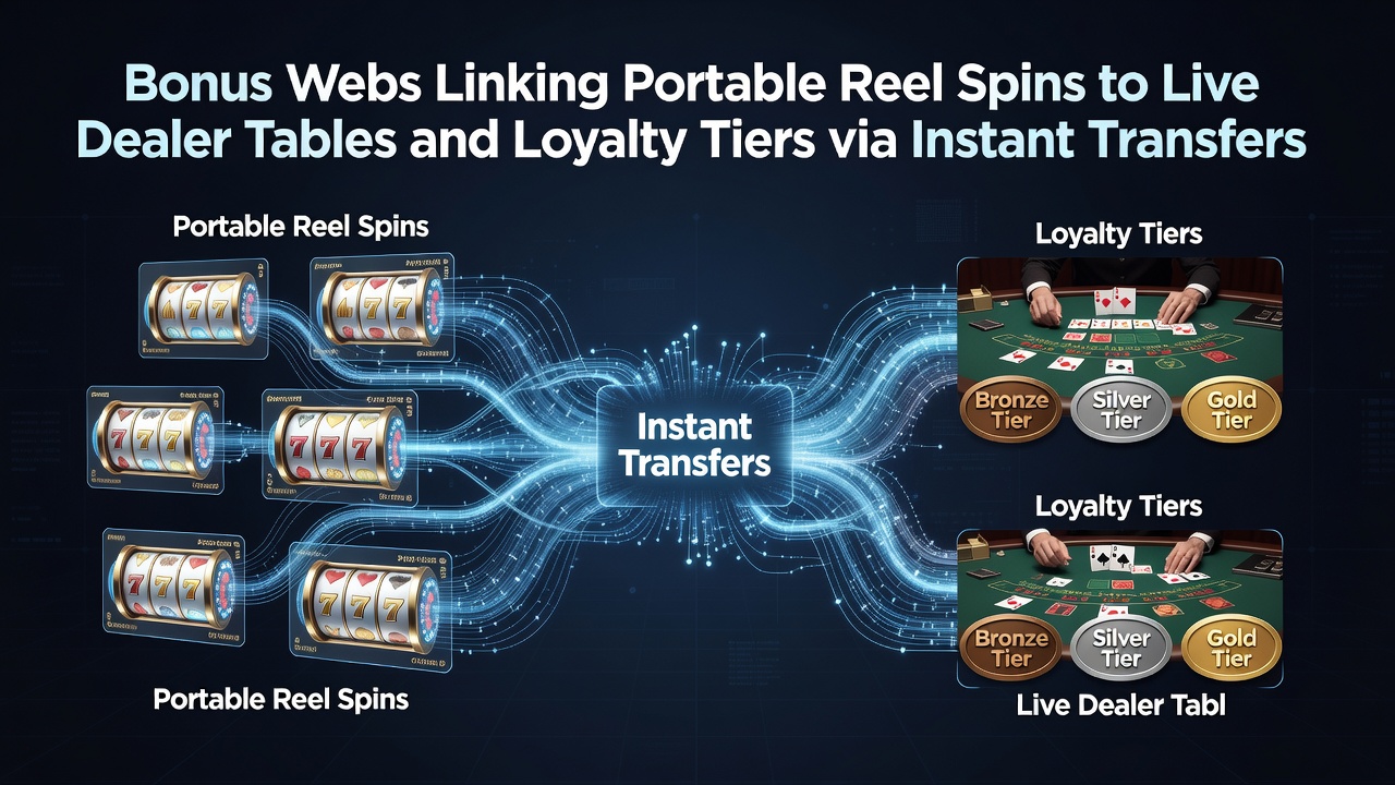 Illustration showing interconnected mobile slot reels feeding into live dealer tables with loyalty tier indicators and instant transfer arrows