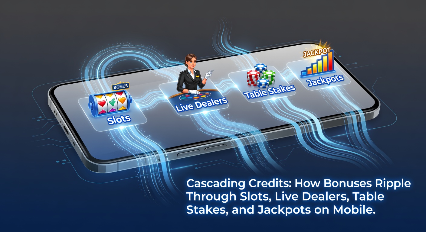 Digital visualization of cascading bonus credits flowing from slot reels to live dealer tables and mobile jackpot displays, illustrating interconnected rewards in online casinos