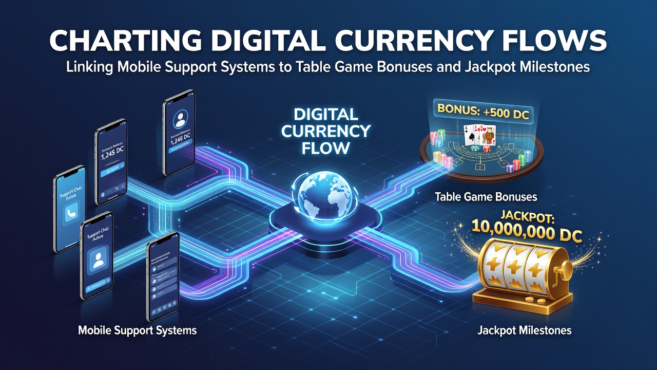 Digital currency flow diagram showing mobile support connections to table game bonuses and jackpots