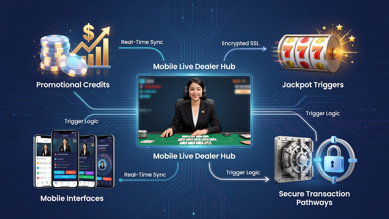 Mobile live dealer interface displaying promotional credit balance alongside jackpot meter on smartphone screen