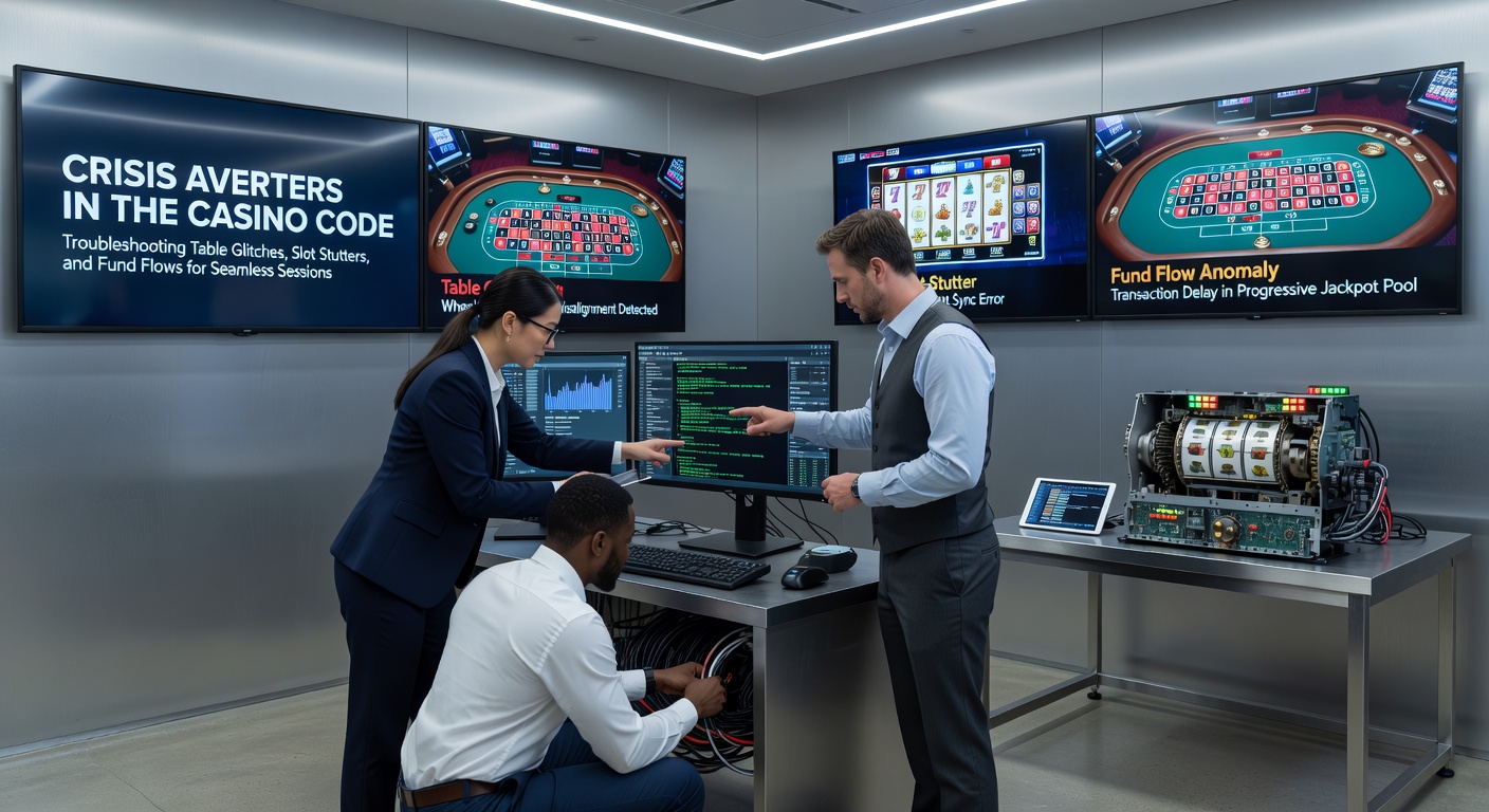 Tech team monitoring casino servers in real-time, dashboards flashing with live data streams and alert notifications