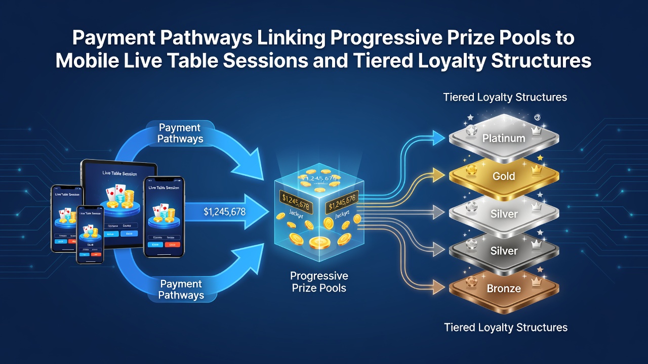 Diagram showing payment flows between progressive jackpots, mobile live tables, and loyalty tiers in online gaming platforms