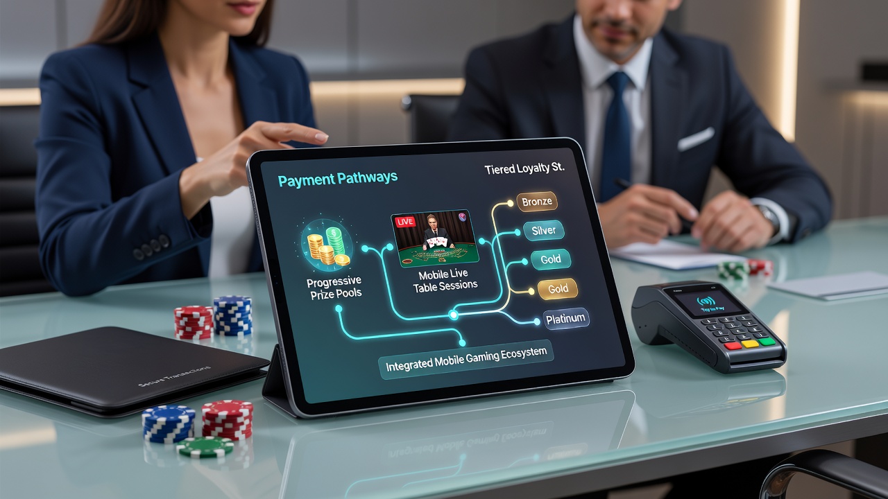 Illustration of tiered loyalty levels interfacing with mobile payment systems and live table jackpot pools