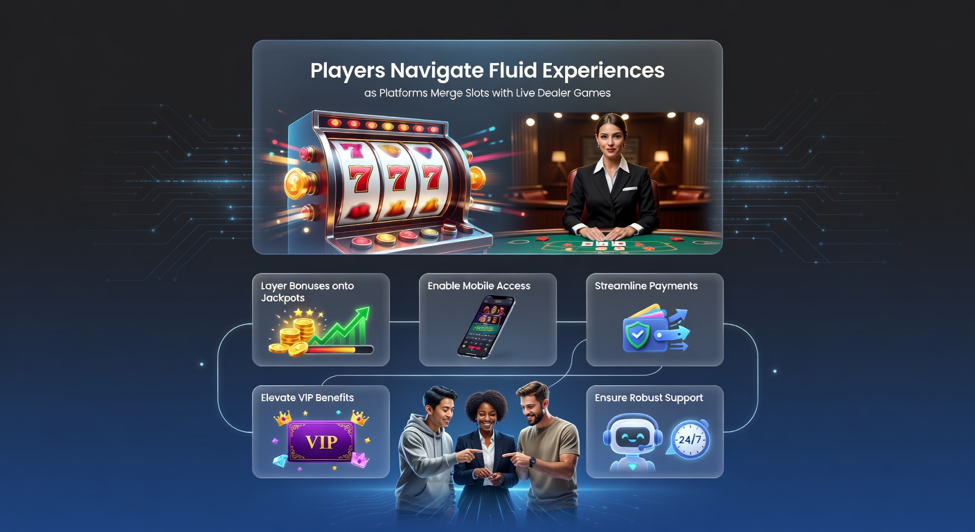 Vibrant casino interface showing merged slots and live dealer tables on a mobile screen, with jackpot counters and bonus overlays glowing brightly