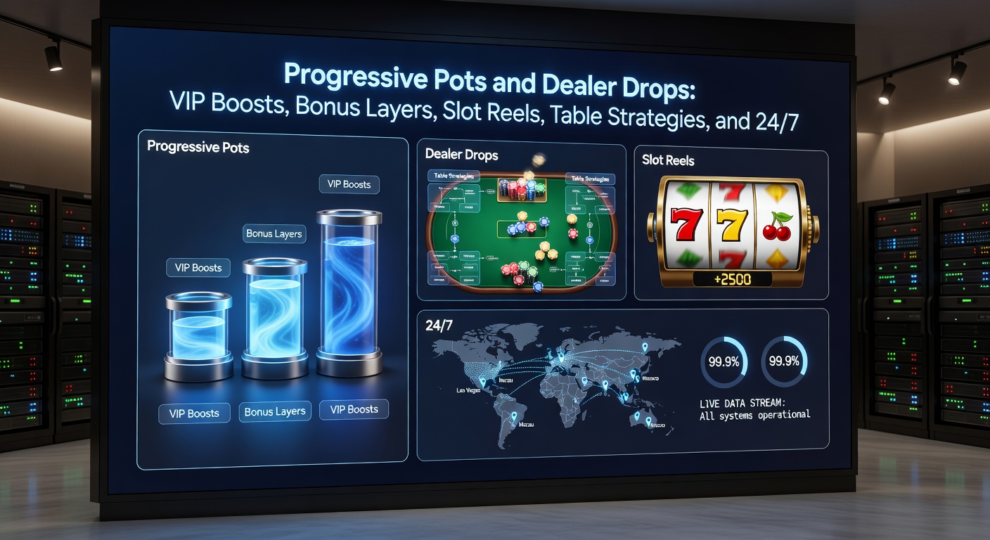 Close-up of a VIP mobile casino interface showing boost meters, layered bonuses on slot reels, and strategy overlays for table games