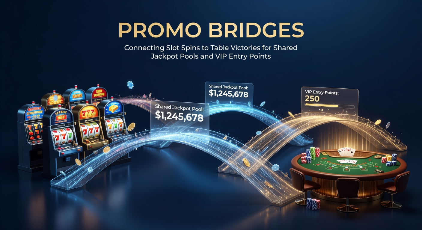 Dynamic graphic showing bridges connecting vibrant slot machines to elegant blackjack tables, with glowing jackpot pools and VIP doors in the background