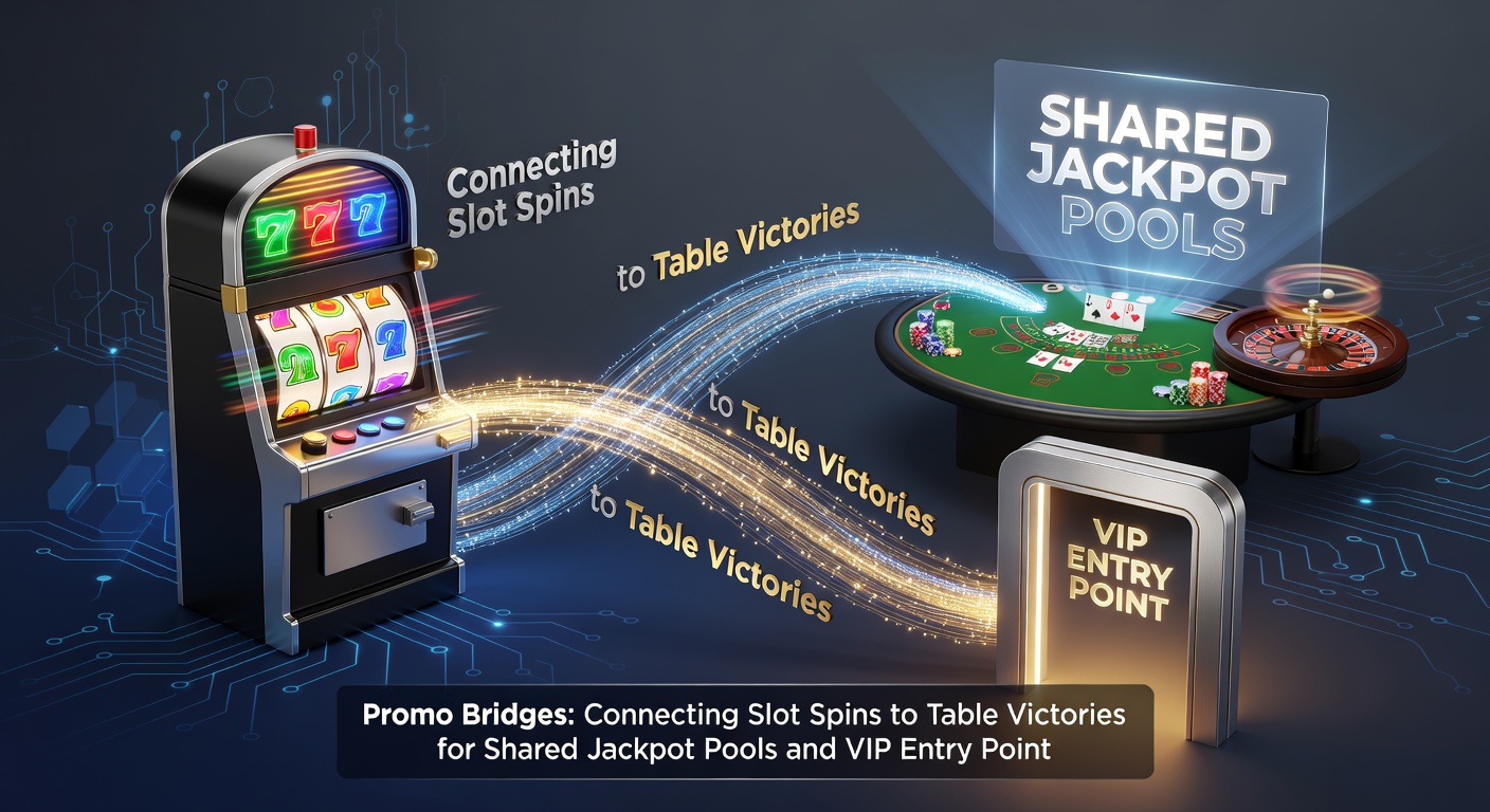 Close-up of a shared jackpot meter rising from slot icons merging with table game symbols, VIP keys floating nearby