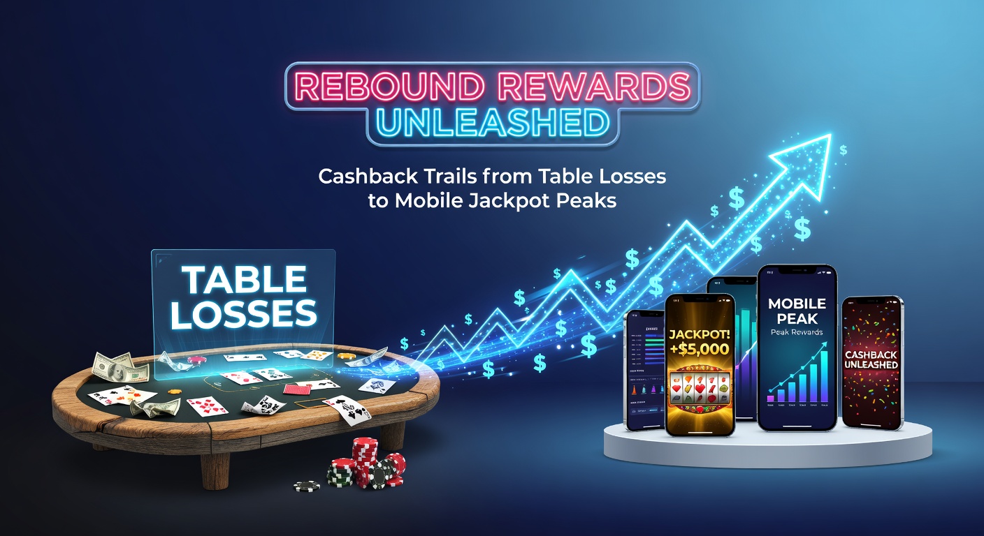 Illustration of a player transitioning from a losing poker hand on a laptop to celebrating a mobile jackpot win, with cashback trail visualized as a golden path