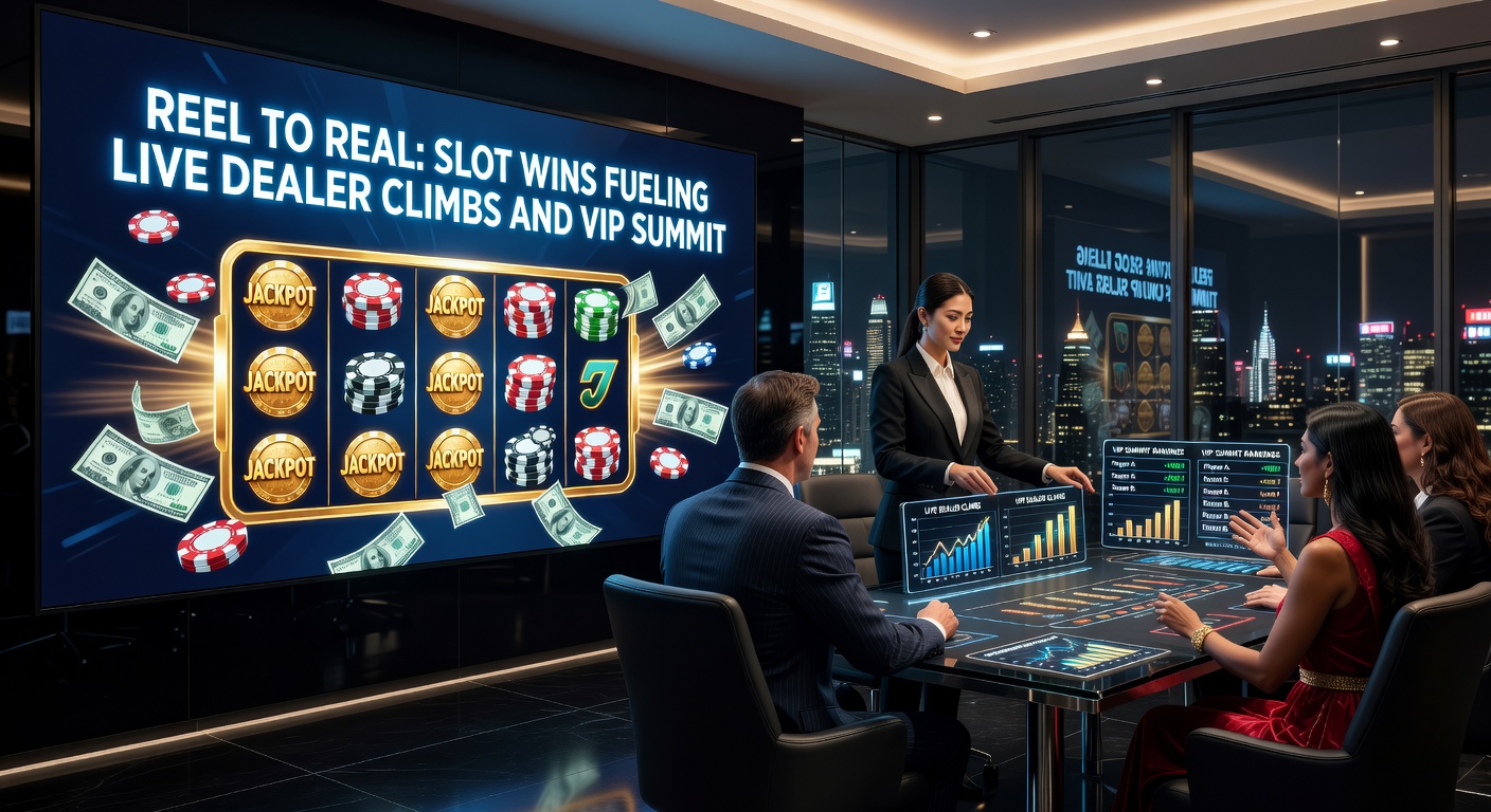 Vibrant slot machine reels aligning for a jackpot win, transitioning to a live dealer table with chips stacking high