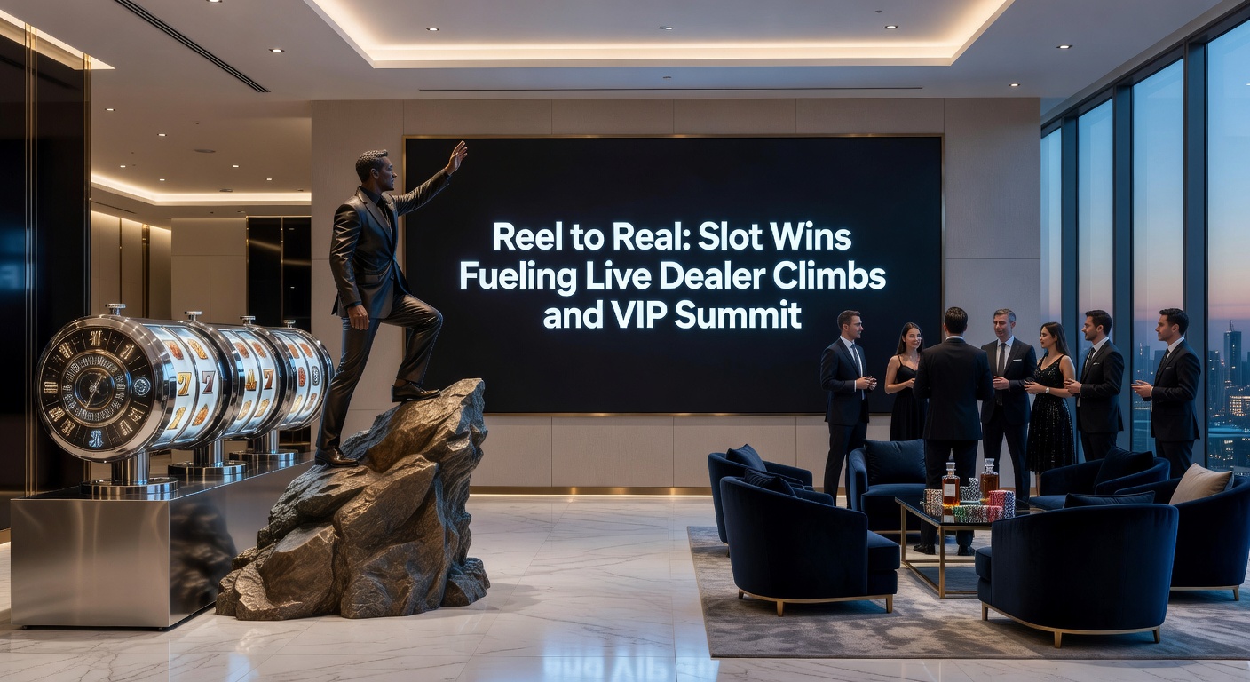 Live dealer at a blackjack table dealing cards amid rising chip stacks, with VIP lounge entrance glowing in the background
