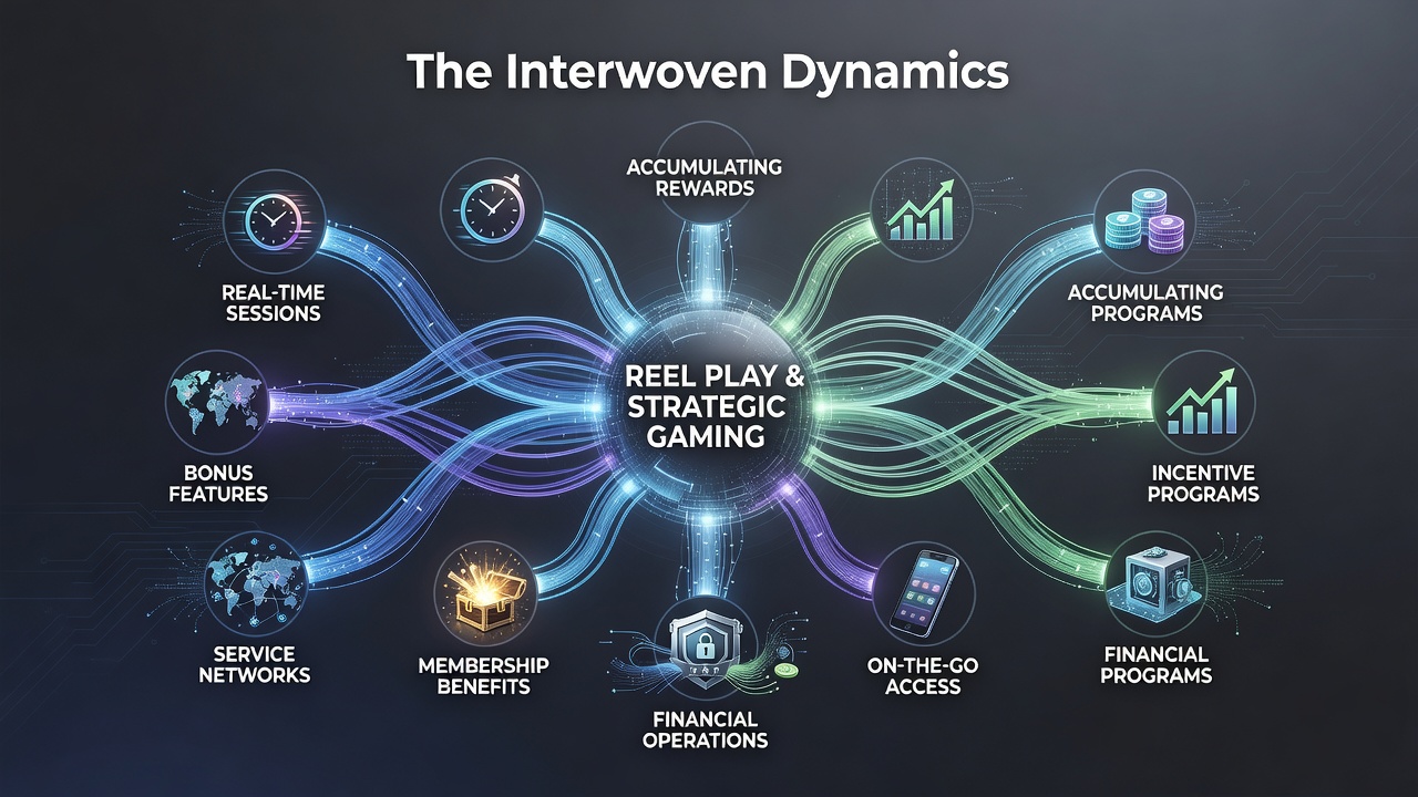 Interconnected elements of reel mechanics, live gaming sessions, reward accumulation, and mobile access shown in a digital interface layout
