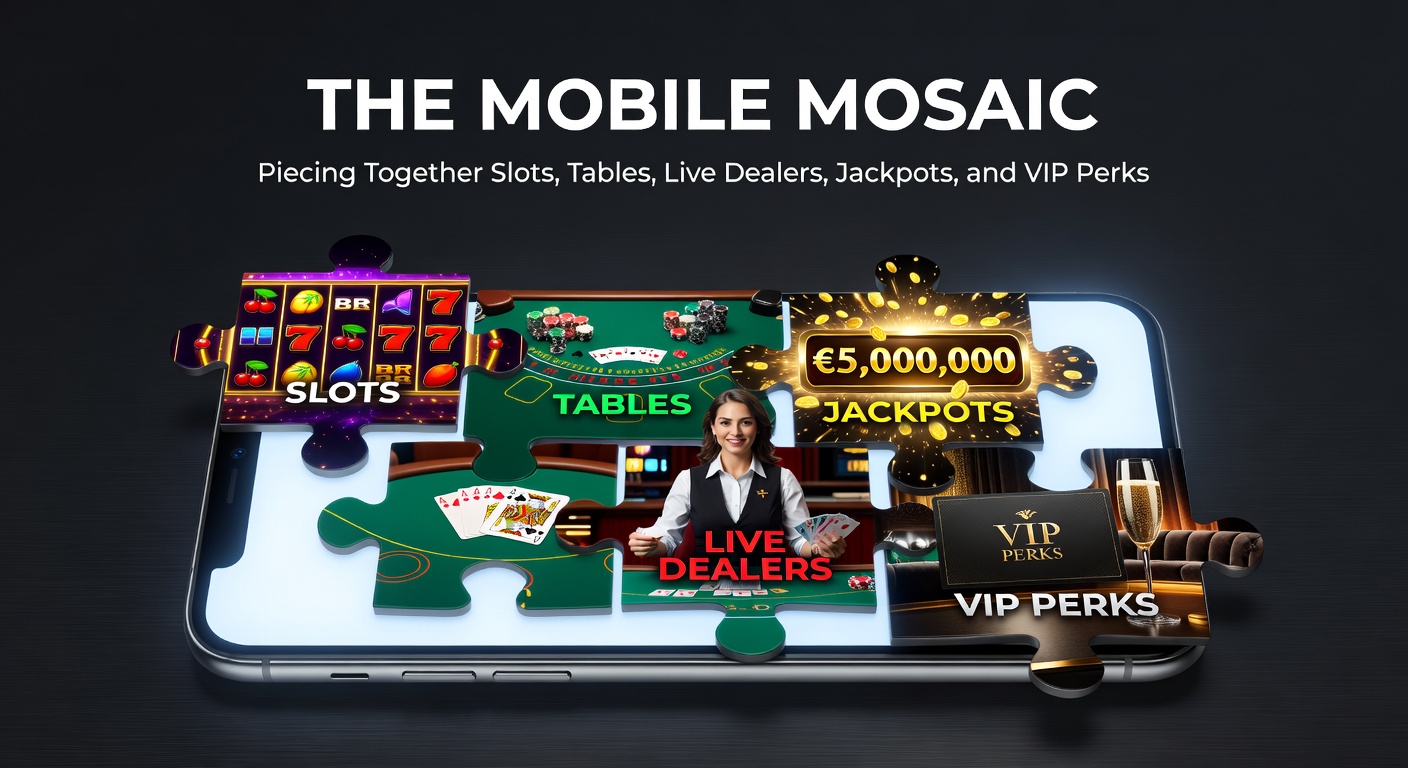 Vibrant mobile screen displaying intertwined casino elements like spinning slots, live dealer tables, jackpot counters, and VIP badges glowing in a seamless digital weave