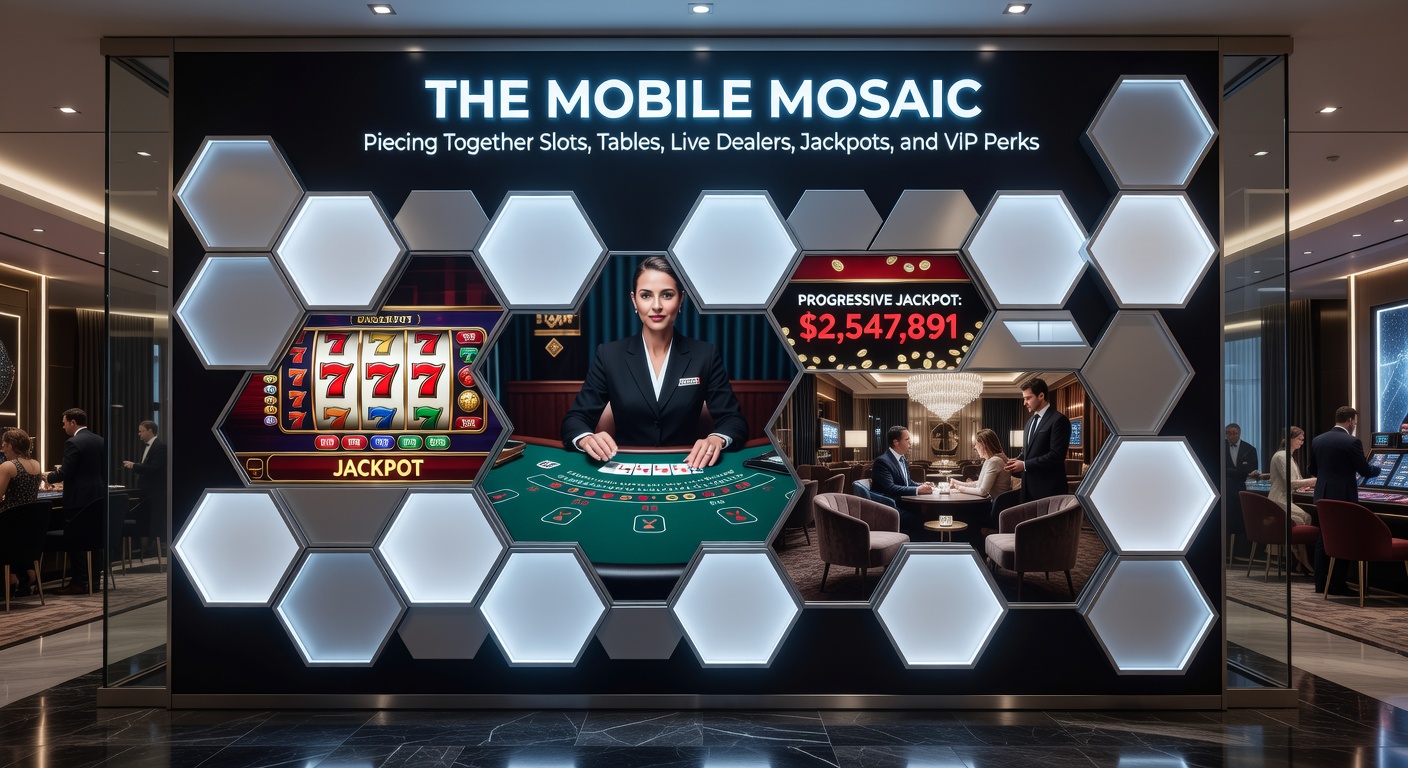 Dynamic close-up of a mobile device interface showing live dealer interaction, jackpot ticker rising, slot reels mid-spin, and VIP invitation popup layered in a colorful, interconnected display