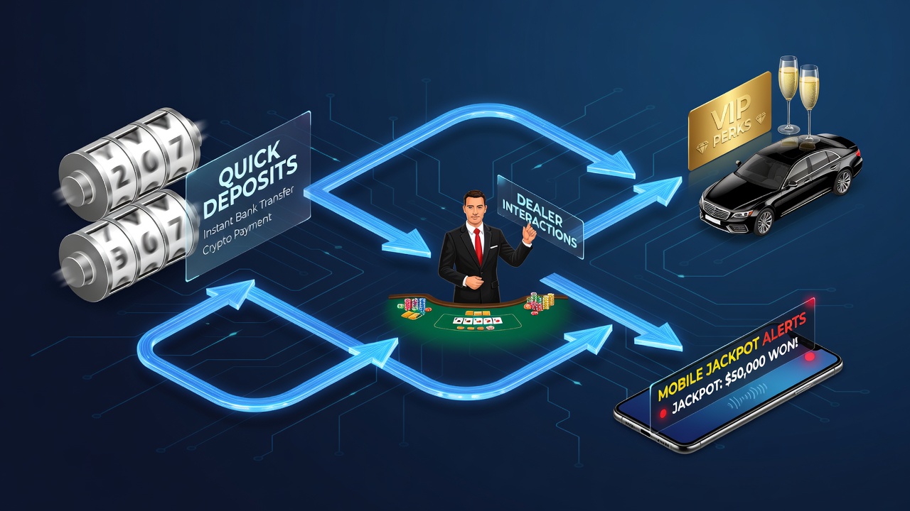 Digital illustration showing cash flow from quick deposits through slot reels and mobile jackpot alerts toward VIP perks