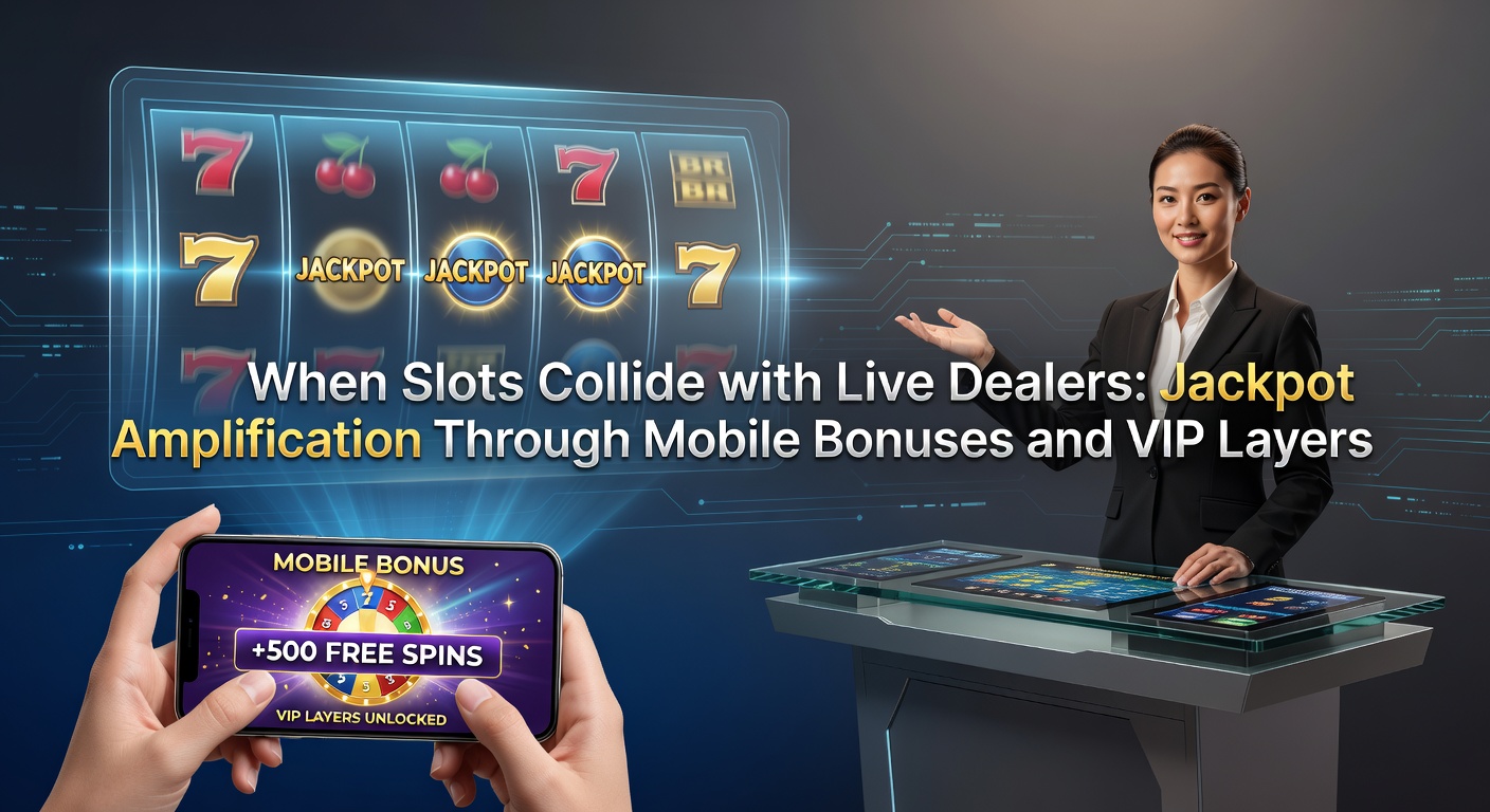 Vibrant online casino interface showing slot reels spinning alongside a live dealer at a blackjack table, with jackpot meters ticking upward and mobile bonus icons flashing